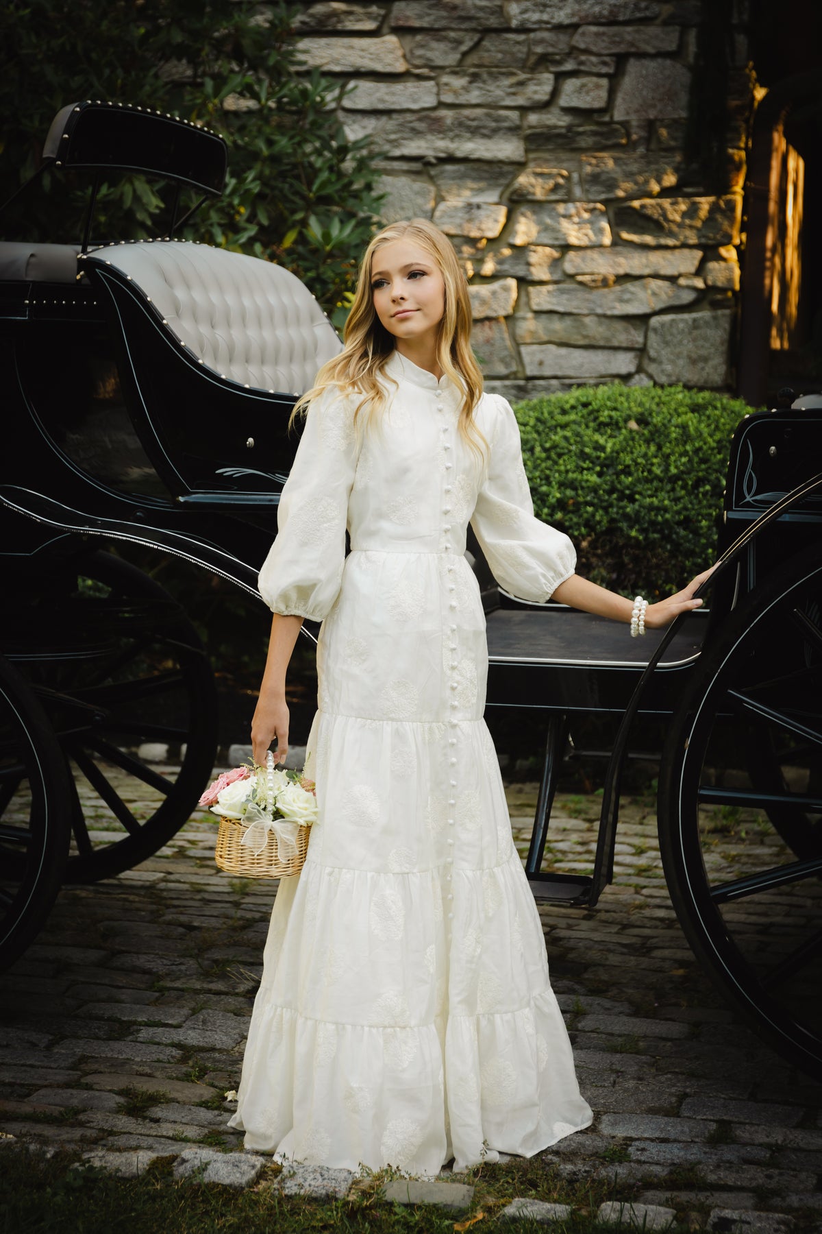AMARELLA EMBROIDERED PUFF SLEEVE MIDI DRESS