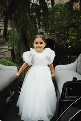 ELOISA EMBROIDERED FLOWERS BUBBLE SLEEVE TULLE GOWN