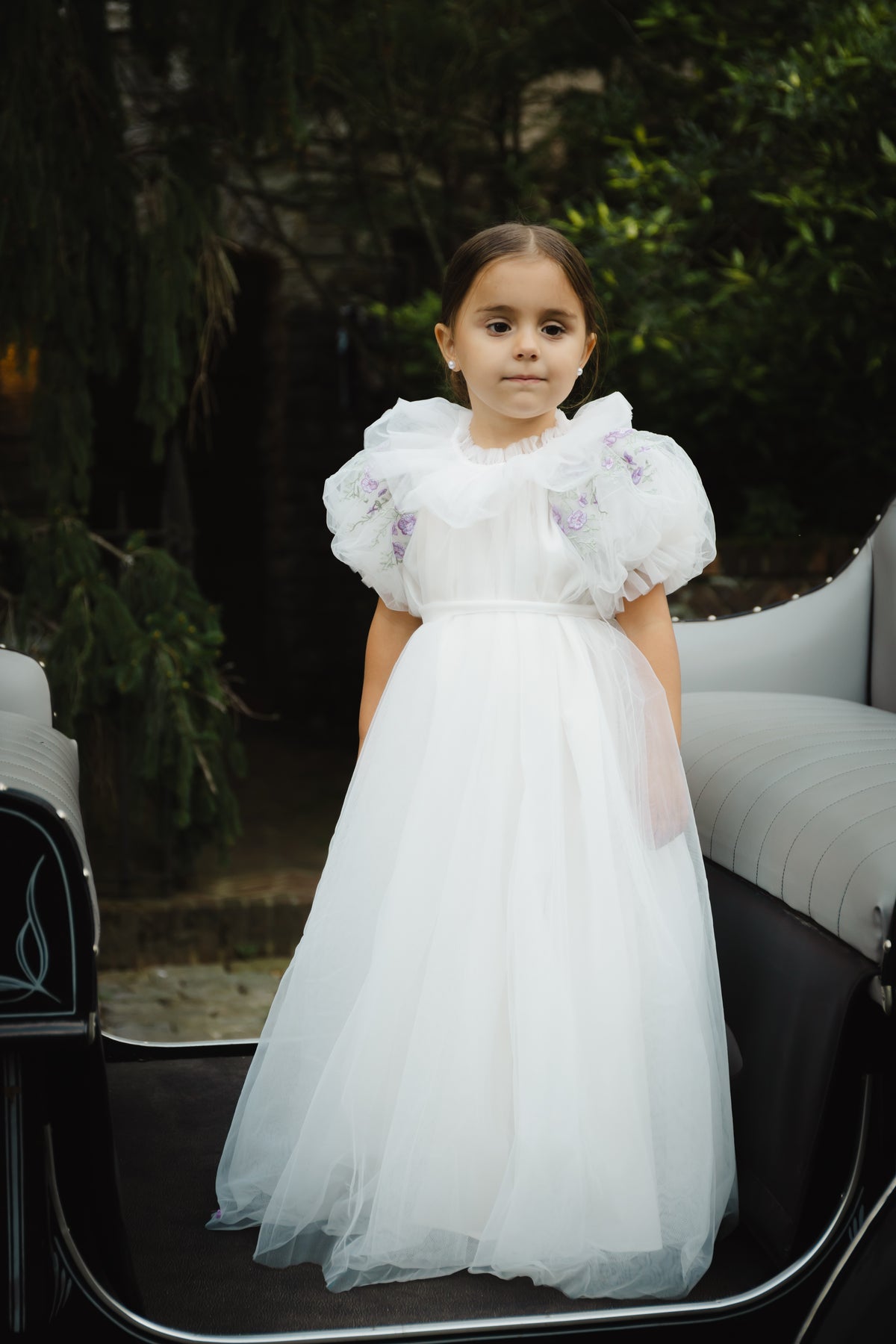 ELOISA EMBROIDERED FLOWERS BUBBLE SLEEVE TULLE GOWN