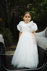 ELOISA EMBROIDERED FLOWERS BUBBLE SLEEVE TULLE GOWN