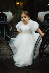 ELOISA EMBROIDERED FLOWERS BUBBLE SLEEVE TULLE GOWN