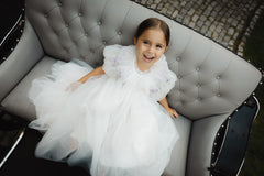 ELOISA EMBROIDERED FLOWERS BUBBLE SLEEVE TULLE GOWN