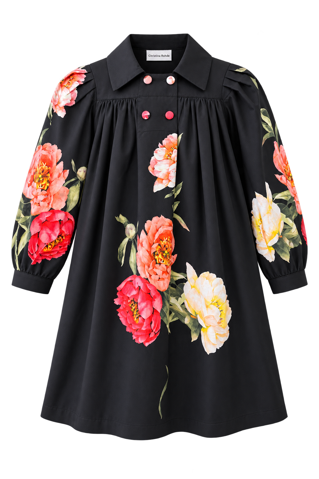 CHRISTINA ROHDE LONG SLEEVE COLLAR BUTTON DOWN FLOWER DETAIL DRESS