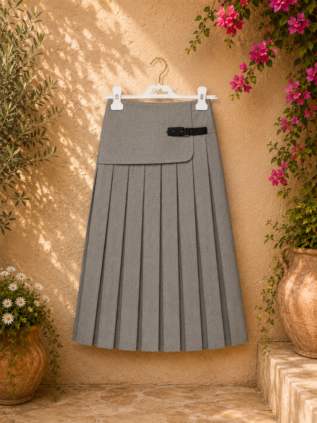 ALITSA BUCKLE PLEATED WOOLY SKIRT