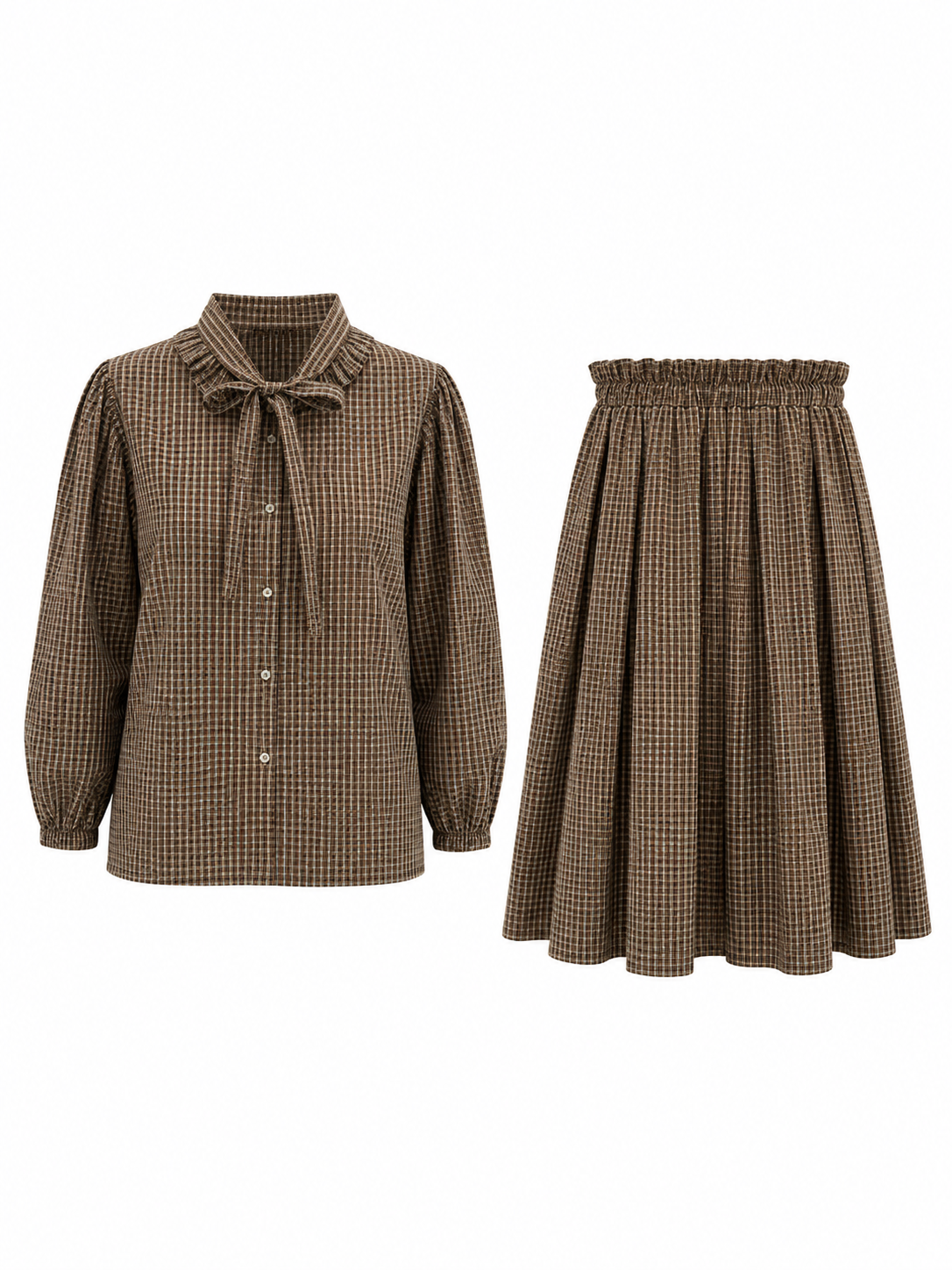 TANGERINE 2PC PLAID RUFFLED BOW BLOUSE WITH PLEATED MIDI SKIRT