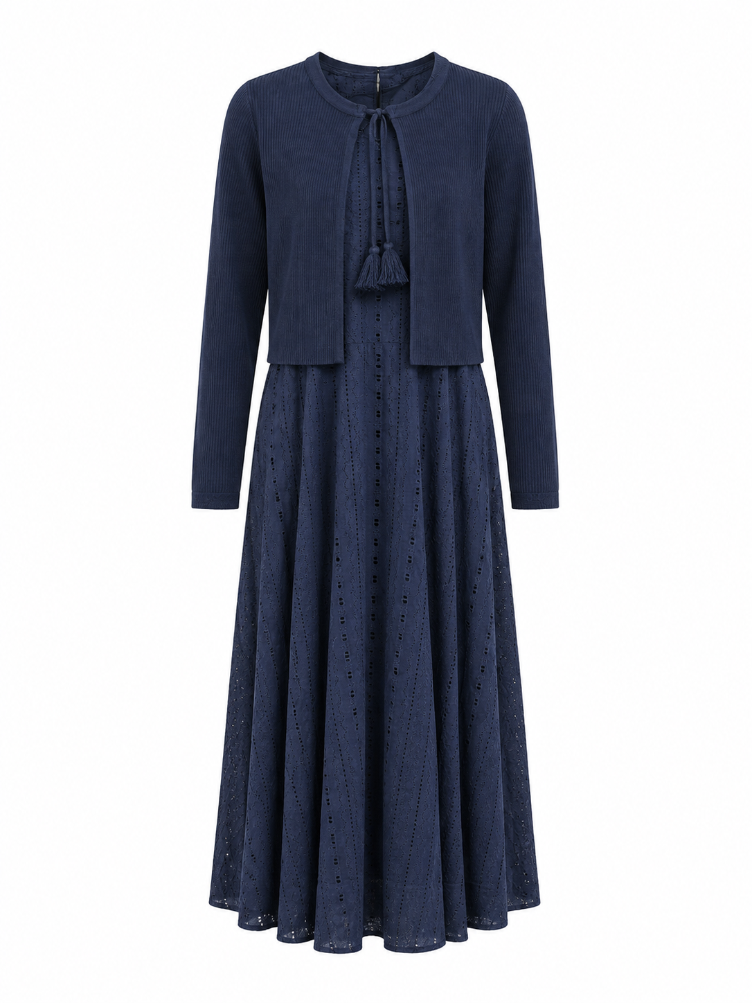 LA'SIMONA POM POM TIE NECK OVERLAY EYELET DRESS
