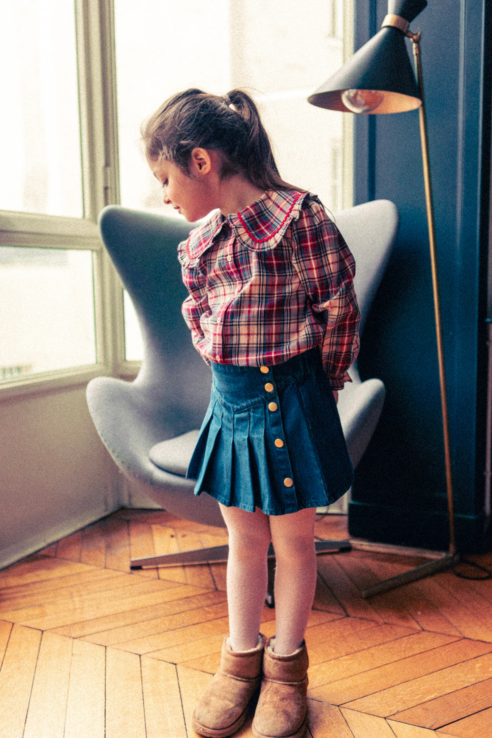 LOUIS LOUISE WALLACE PLEATED SIDE BUTTON DENIM SKIRT