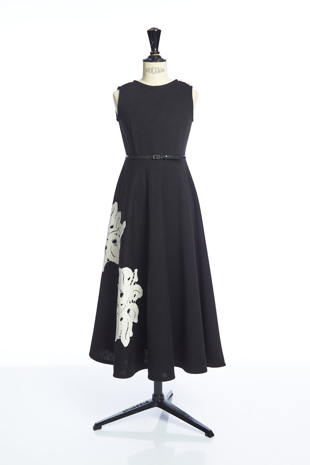 VENERA ARAPU CREP BLISS DRESS WITH DECORATIVE FLOWERS AND LEATHER BELT