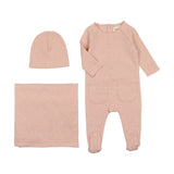 MEMA KNITS. 3PC HEATHERED ROLL NECK FOOTIE+BONNET+BLANKET