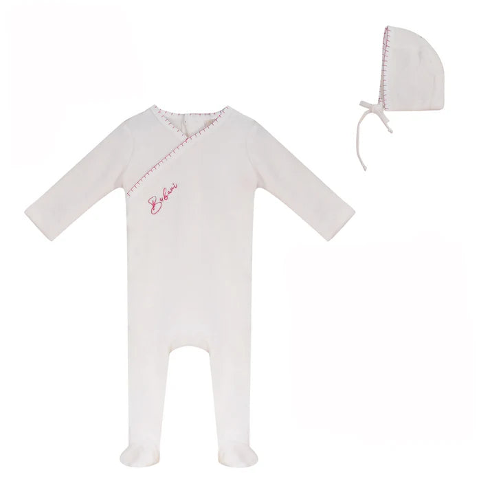 BUBANI 2PC COLORED STITCHING VELOUR FOOTIE & BONNET SET