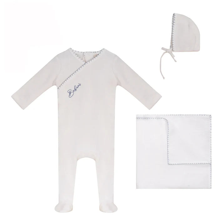 BUBANI 3PC COLORED STITCHING VELOUR FOOTIE,BONNET WITH BLANKET SET