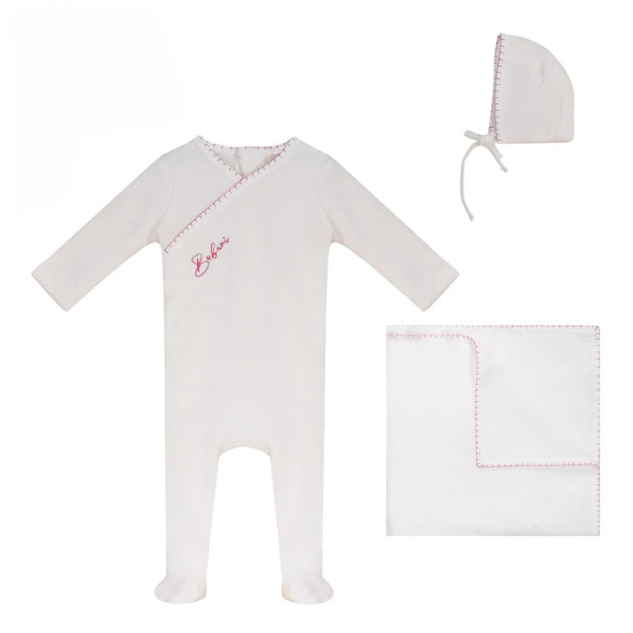 BUBANI 3PC COLORED STITCHING VELOUR FOOTIE, BONNET WITH BLANKET SET