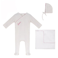 BUBANI 3PC COLORED STITCHING VELOUR FOOTIE, BONNET WITH BLANKET SET