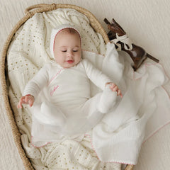BUBANI 3PC COLORED STITCHING VELOUR FOOTIE, BONNET WITH BLANKET SET