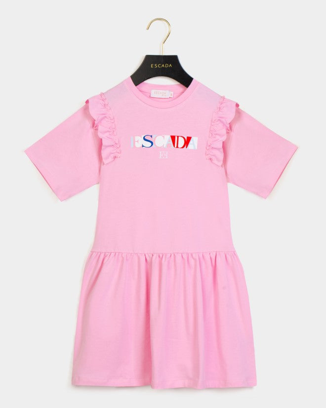 ESCADA SHORT SLEEVE RUFFLE LOW WAIST LOGO GRAPHIC DRESS