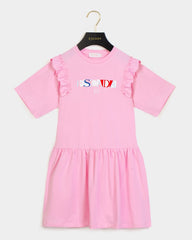 ESCADA SHORT SLEEVE RUFFLE LOW WAIST LOGO GRAPHIC DRESS