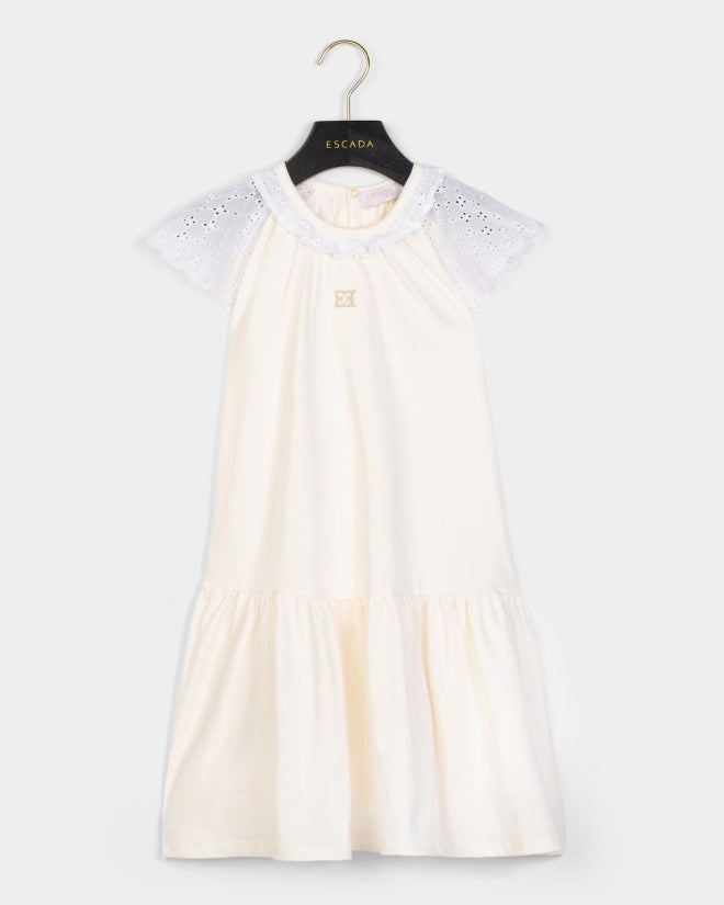 ESCADA SHORT SLEEVE LOW WAIST DRESSY DRESS WITH EYELET COLLAR AND SLEEVES