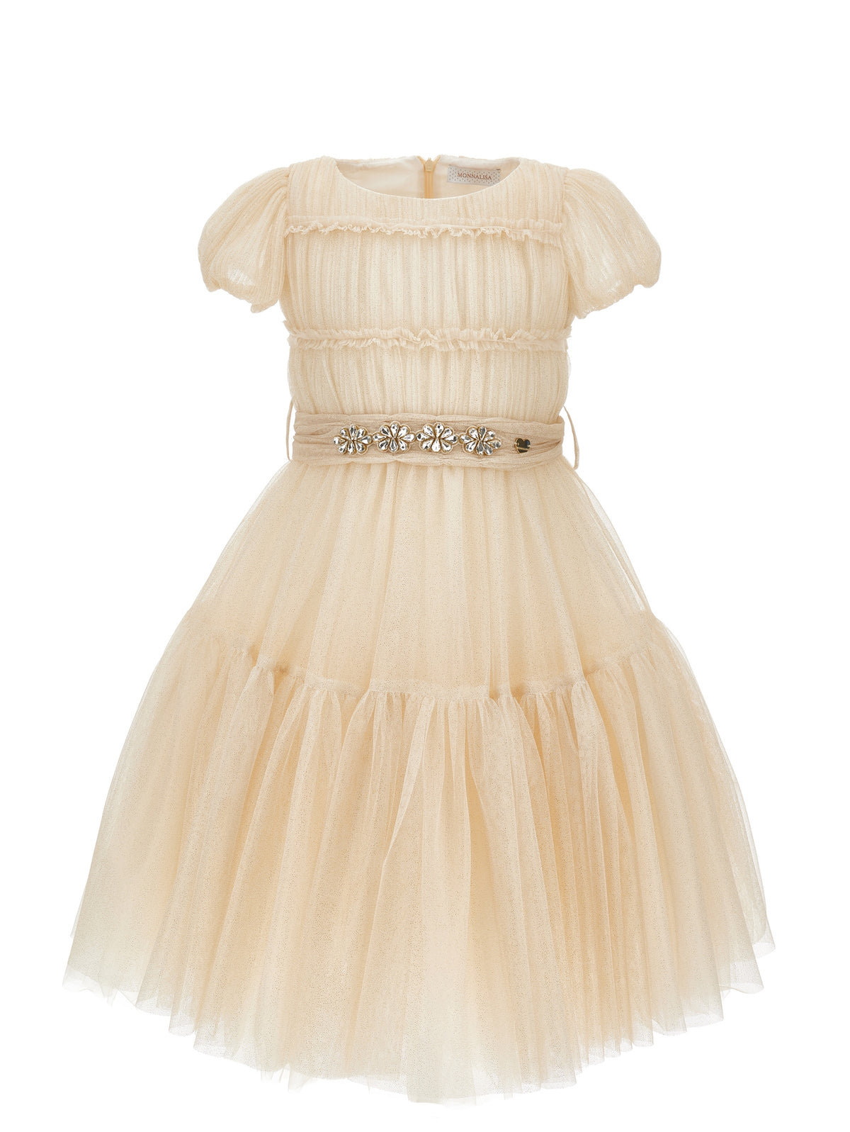 MONNALISA S/S GLITTER TULLE  DRESS WITH RHINESTONE GEM BELT
