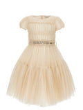 MONNALISA S/S GLITTER TULLE  DRESS WITH RHINESTONE GEM BELT