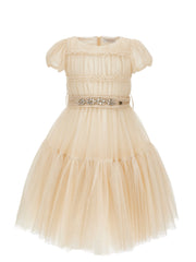 MONNALISA S/S GLITTER TULLE  DRESS WITH RHINESTONE GEM BELT