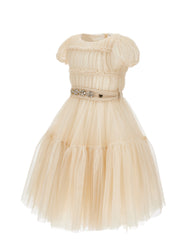 MONNALISA S/S GLITTER TULLE  DRESS WITH RHINESTONE GEM BELT