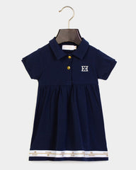 ESCADA SHORT SLEEVE COLLAR DRESS WITH GOLD BUTTONS LOGO TRIM