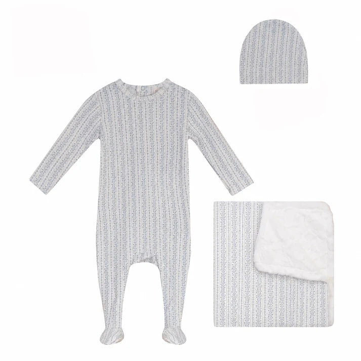 BUBANI 3PC  PRINTED COLLECTION FOOTIE, HAT WITH BLANKET SET