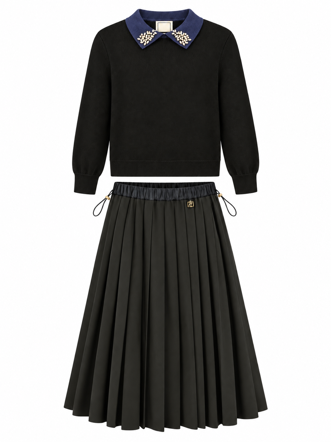 NOIR 2PC RHINESTONE COLLAR SWEATER WITH PLEAT SKIRT