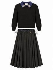NOIR 2PC RHINESTONE COLLAR SWEATER WITH PLEAT SKIRT