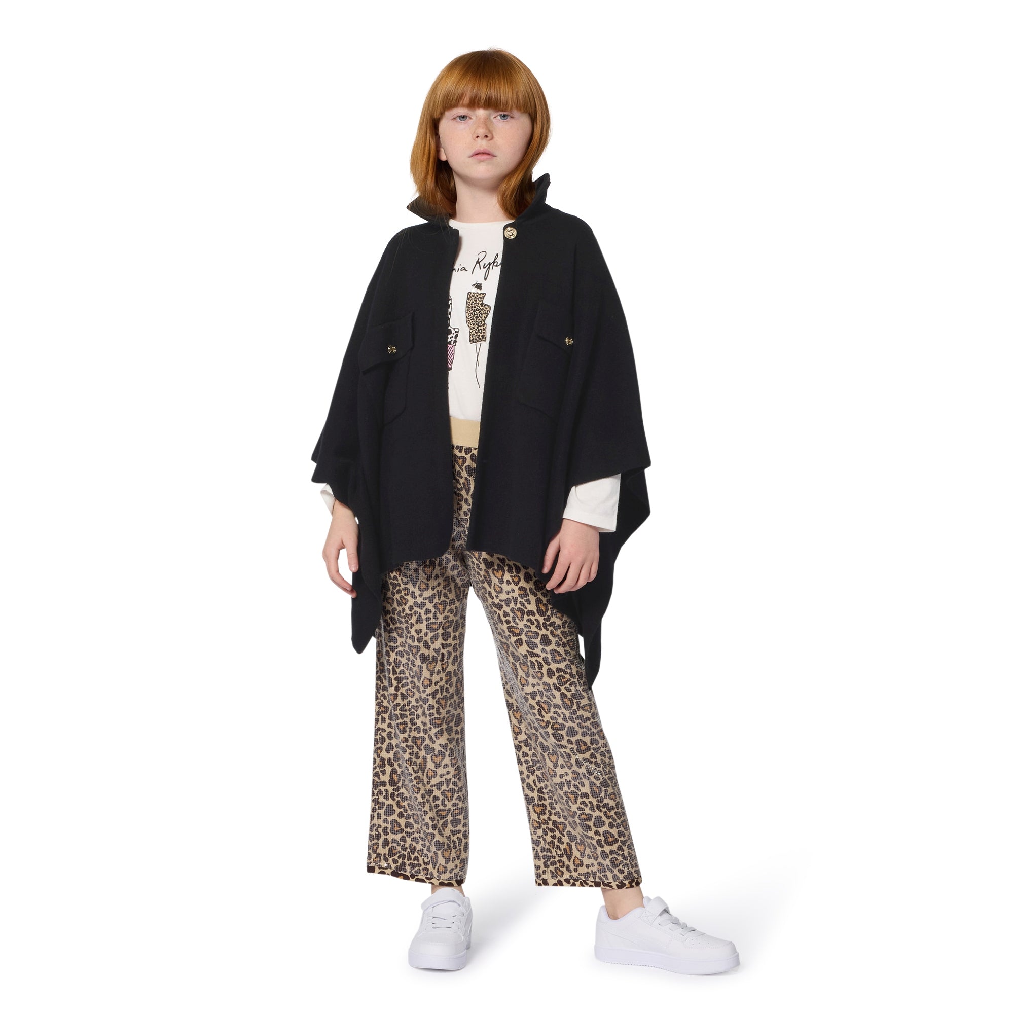 SONIA RYKIEL KNIT COLLAR "RYKIEL LOGO ON BACK CAPE WITH GOLD BUTTONS