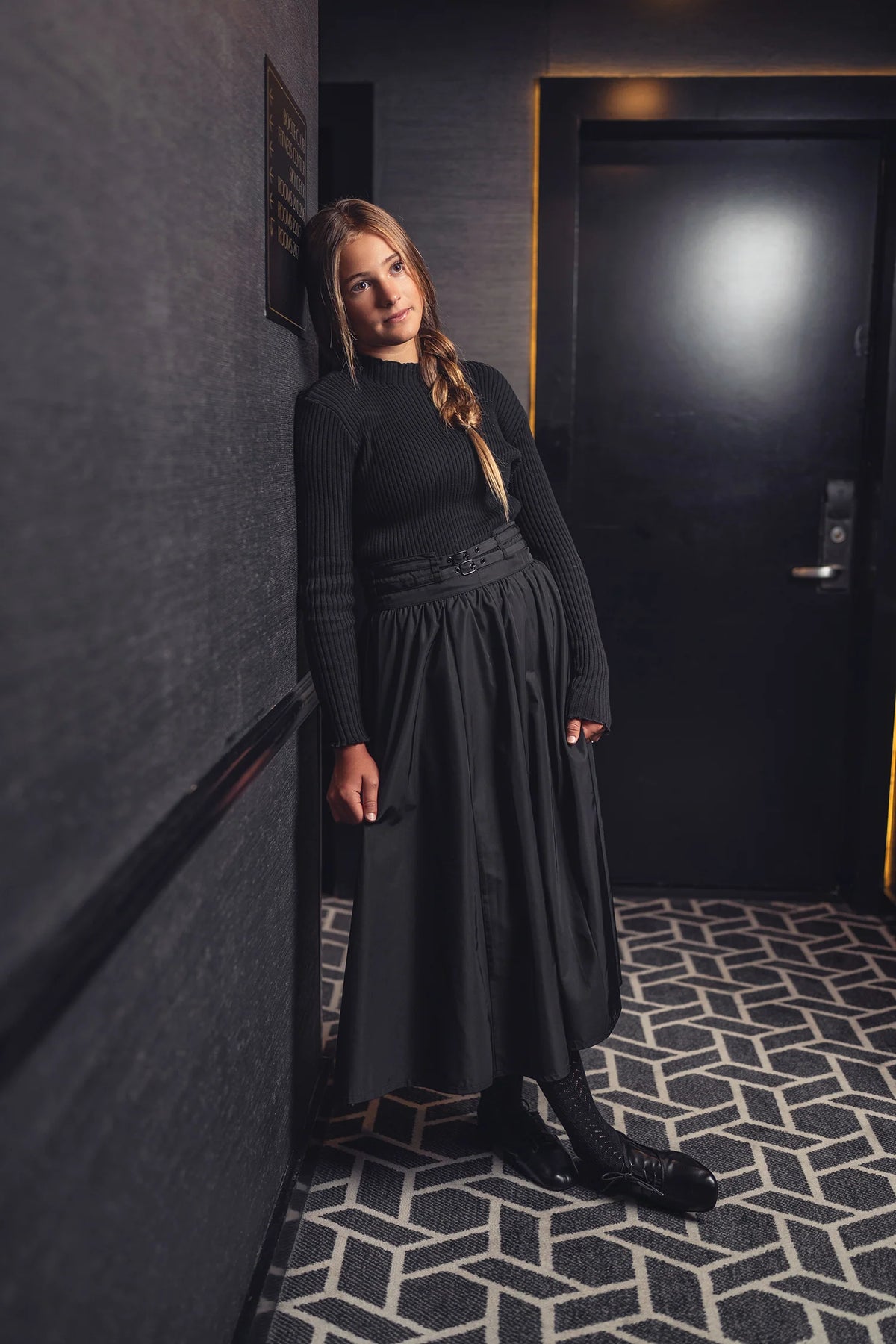 BYKE 2PC TRIM MOCK NECK WITH TAFETTA BUCKLE MIDI SKIRT