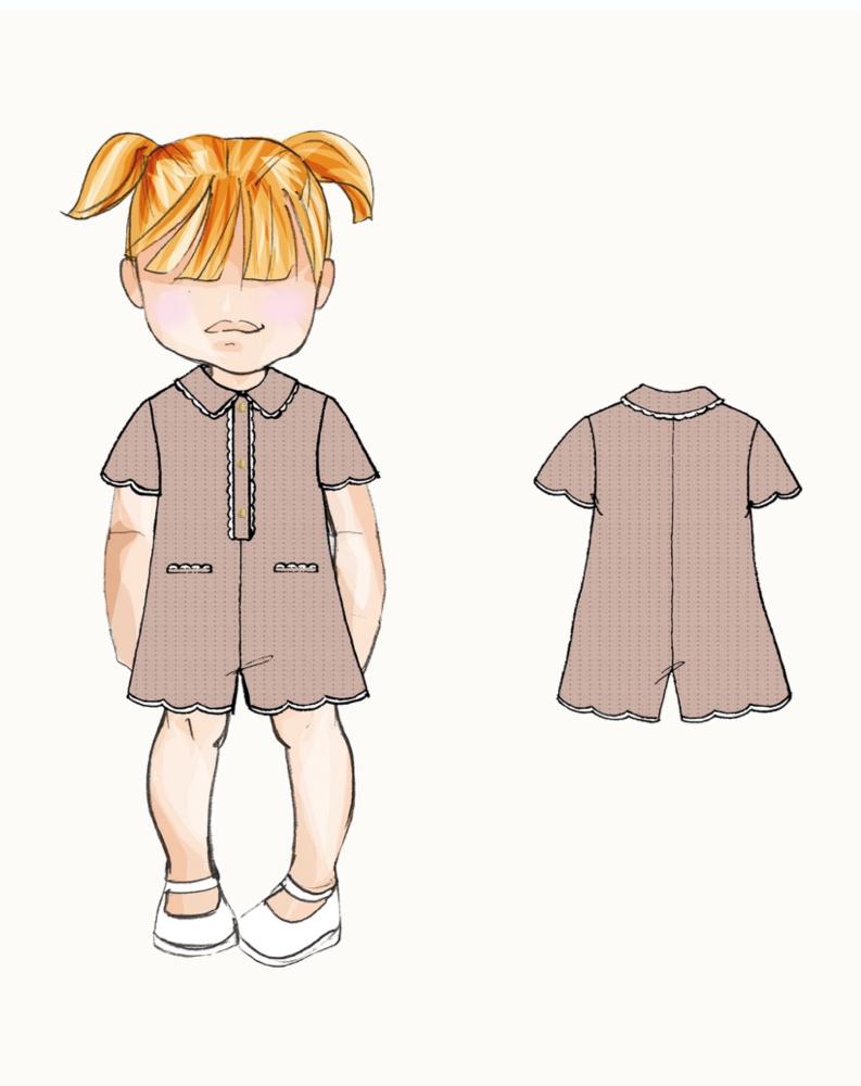 EMPORIO ARMANI COLLARED BUTTON UP ROMPER WITH SCALLOP TRIM