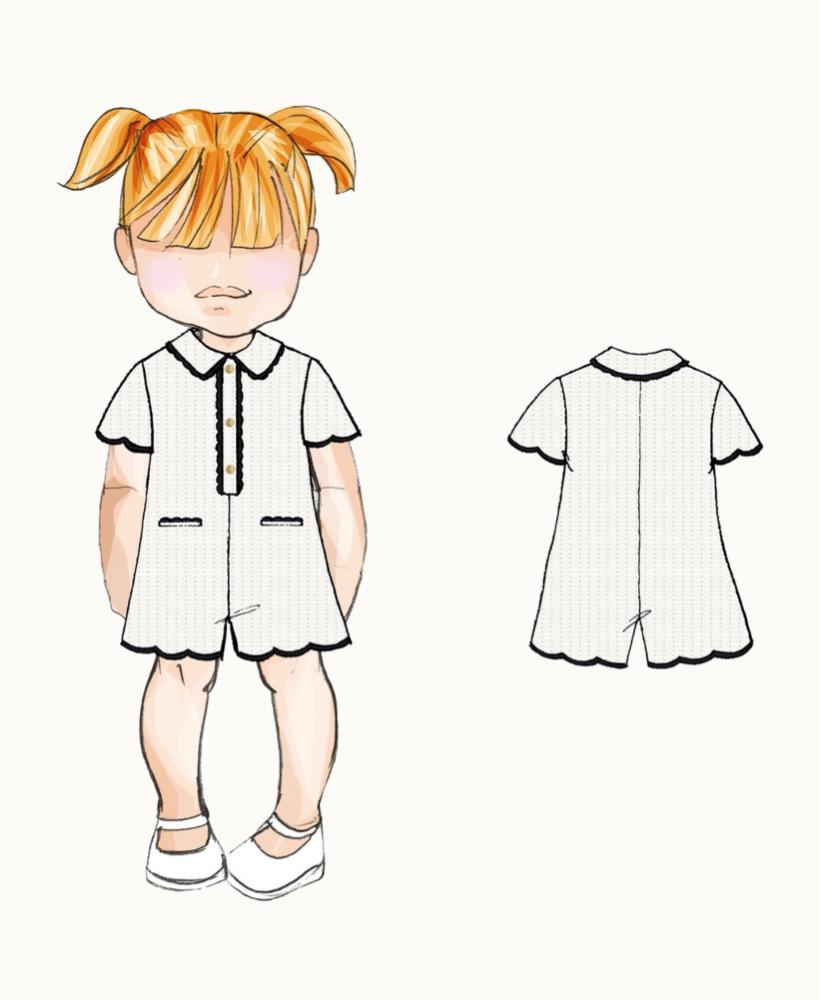 EMPORIO ARMANI COLLARED BUTTON UP SCALLOP TRIM ROMPER