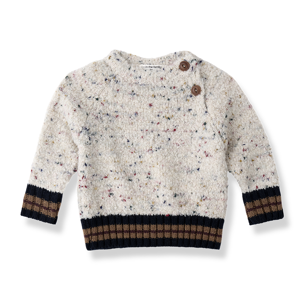 1+IN THE FAMILY STRIPED TRIM SIDE BUTTON PEBBLE KNIT SWEATER