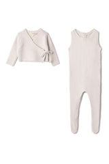 BEBE BELLA 2PC KNIT OVERALL WITH CARDIGAN SET