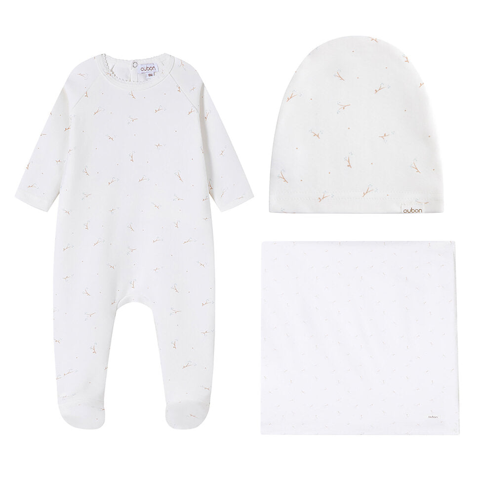 OUBON 3PC FLORAL BUD PRINTFOOTIE + HAT + BLANKET