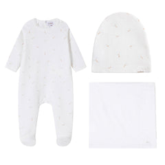 OUBON 3PC FLORAL BUD PRINTFOOTIE + HAT + BLANKET