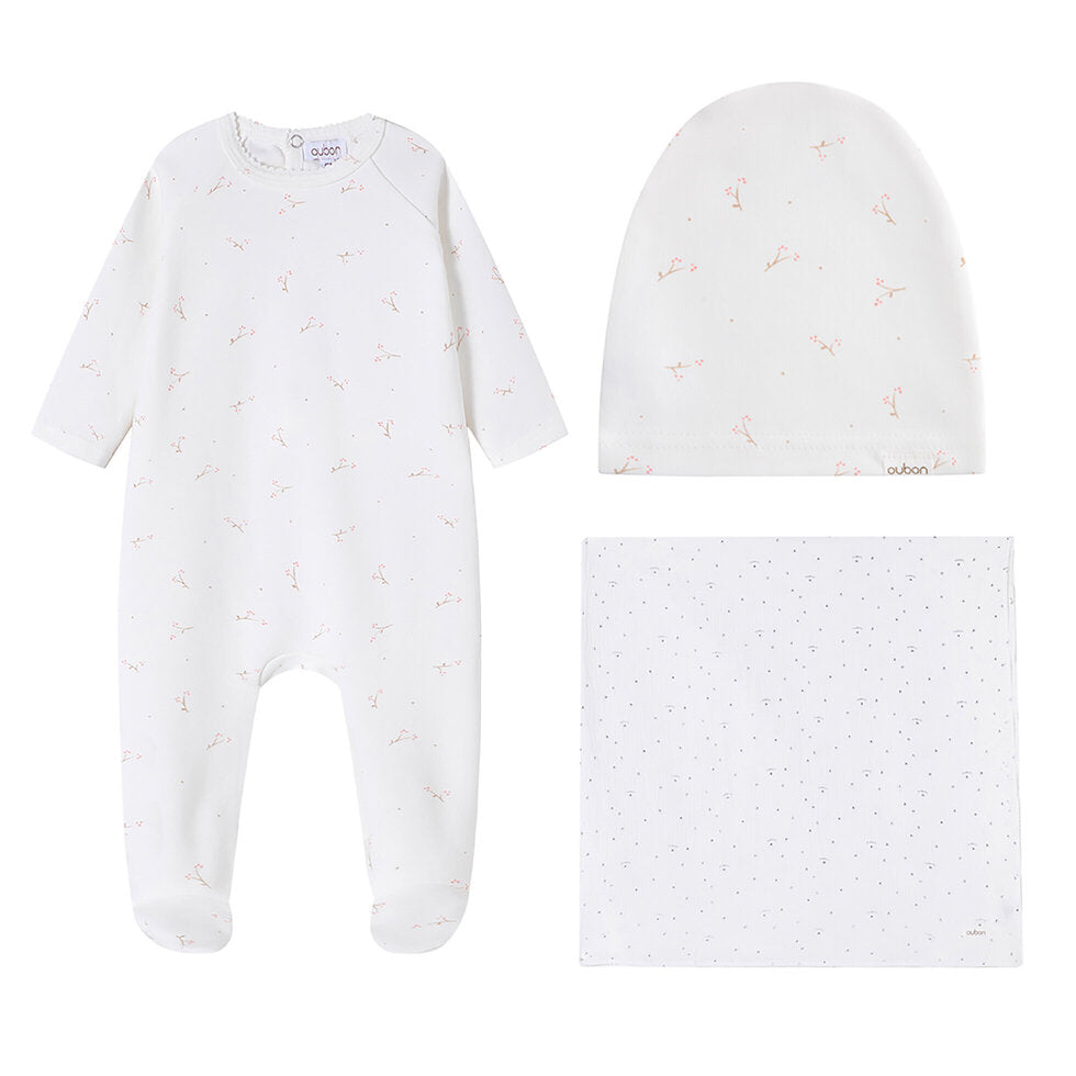 OUBON 3PC FLORAL BUD PRINT FOOTIE + HAT + BLANKET SET