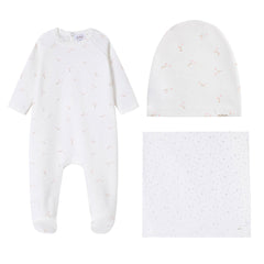 OUBON 3PC FLORAL BUD PRINT FOOTIE + HAT + BLANKET SET