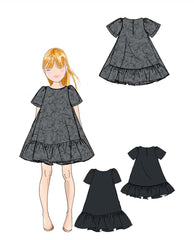 EMPORIO ARMANI SHORT SLEEVE DROP WAIST DRESS WITH EMB. TUELLE OVERLAY