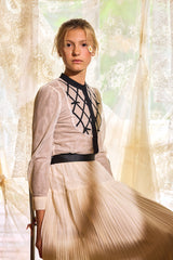 FRANCESCA GUILIANO 2PC GROSSGRAIN LATTICE TULLE BLOUSE WITH PLEATED TULLE TIERED SKIRT