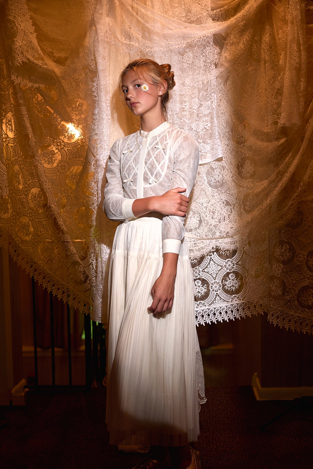 FRANCESCA GUILIANO 2PC GROSSGRAIN LATTICE TULLE BLOUSE WITH PLEATED TULLE TIERED SKIRT