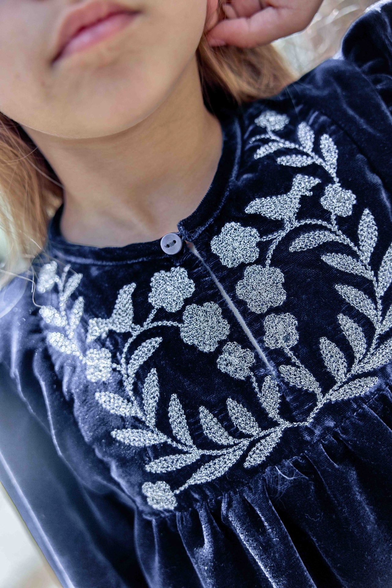 BONTON DAISY EMBROIDERY VELVET DRESS