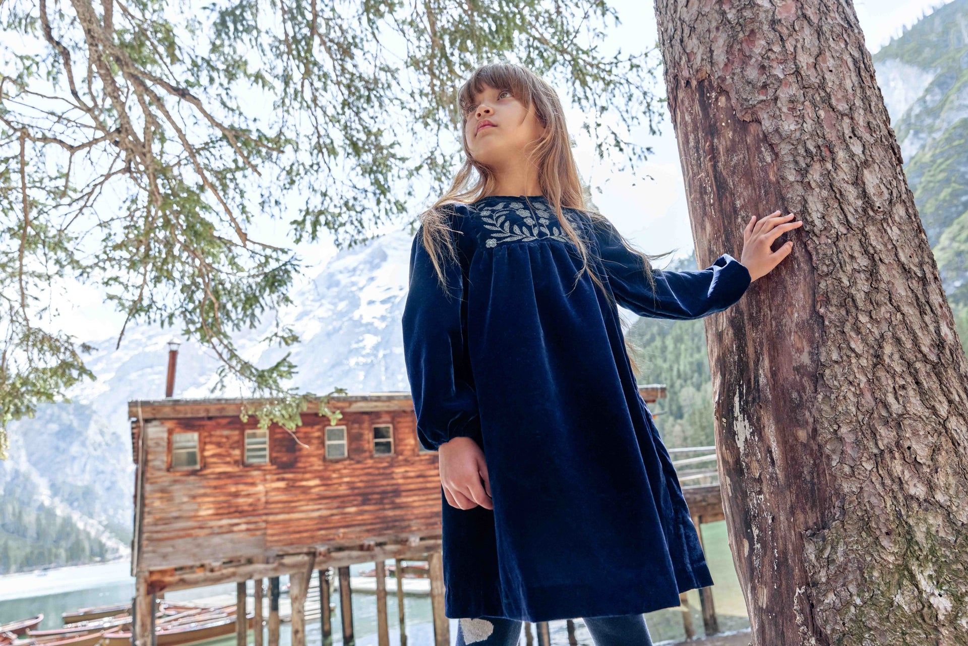 BONTON DAISY EMBROIDERY VELVET DRESS