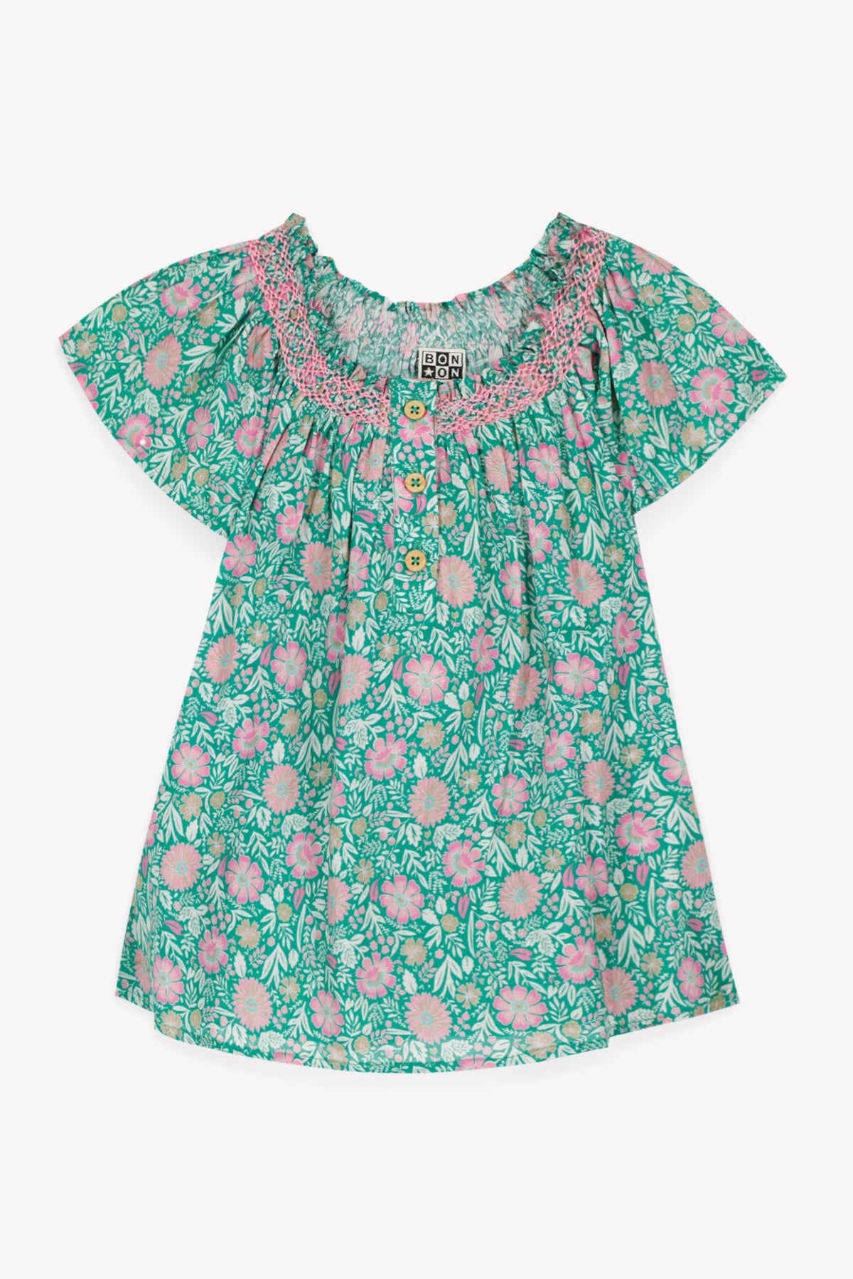 BONTON NOISETTE FLUTTER SLEEVE FLOWER PRINT DRESS