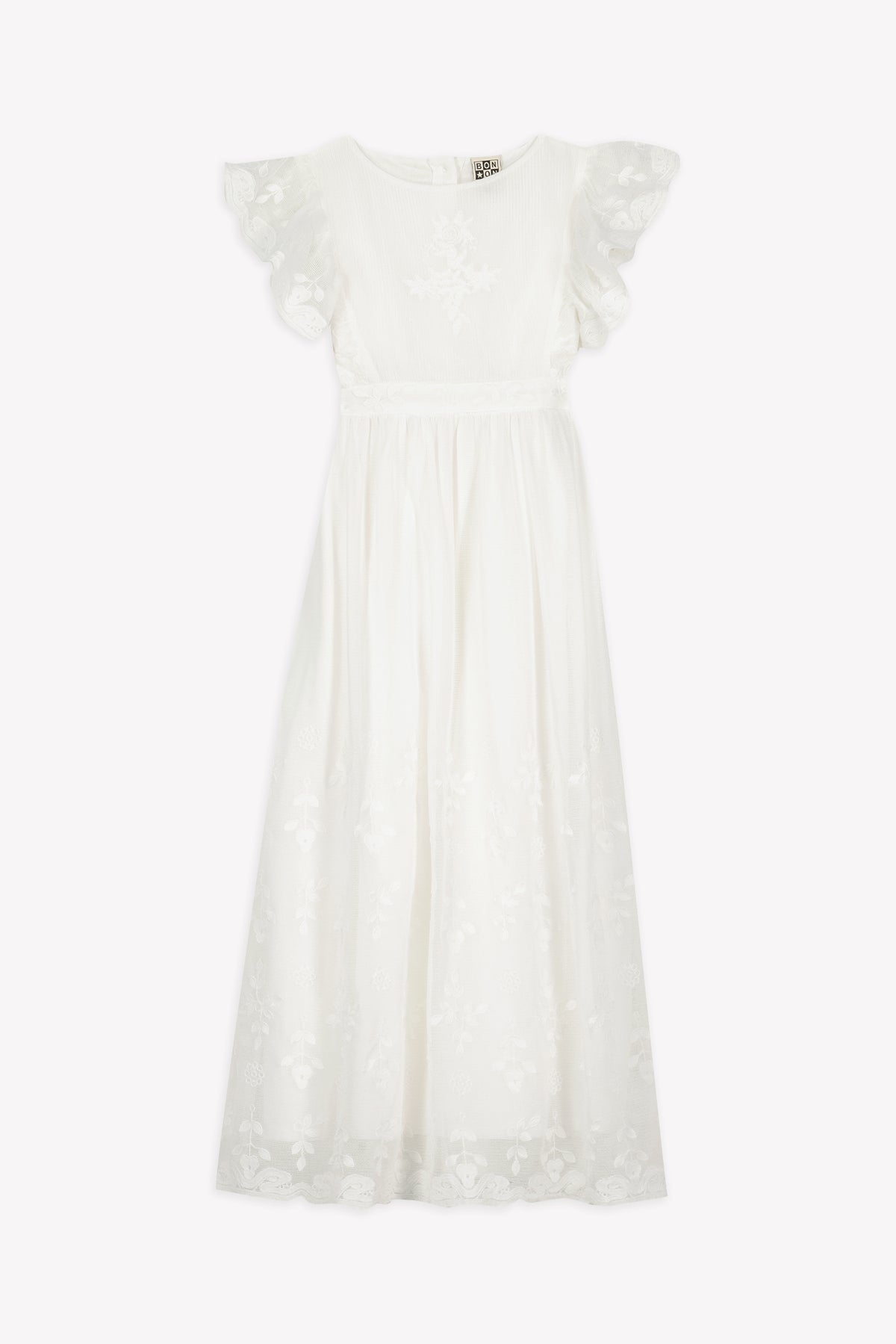 BONTON NOCE EMBROIDERED RUFFLE FLUTTER SLEEVE MAXI DRESS