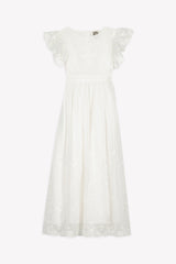 BONTON NOCE EMBROIDERED RUFFLE FLUTTER SLEEVE MAXI DRESS