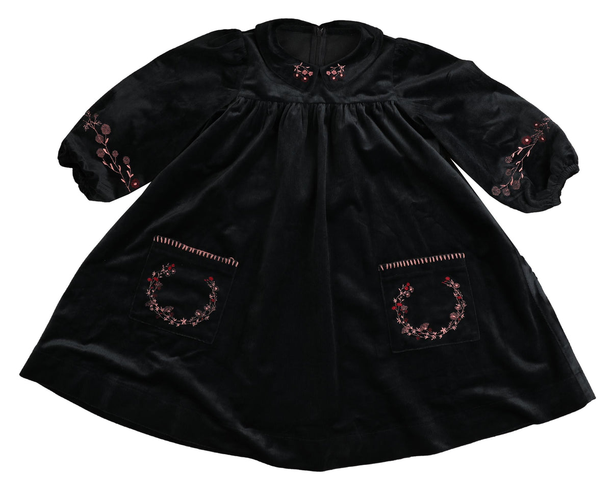 BELATI VELVET CORDUROY EMBROIDERED FLORAL CREST DRESS