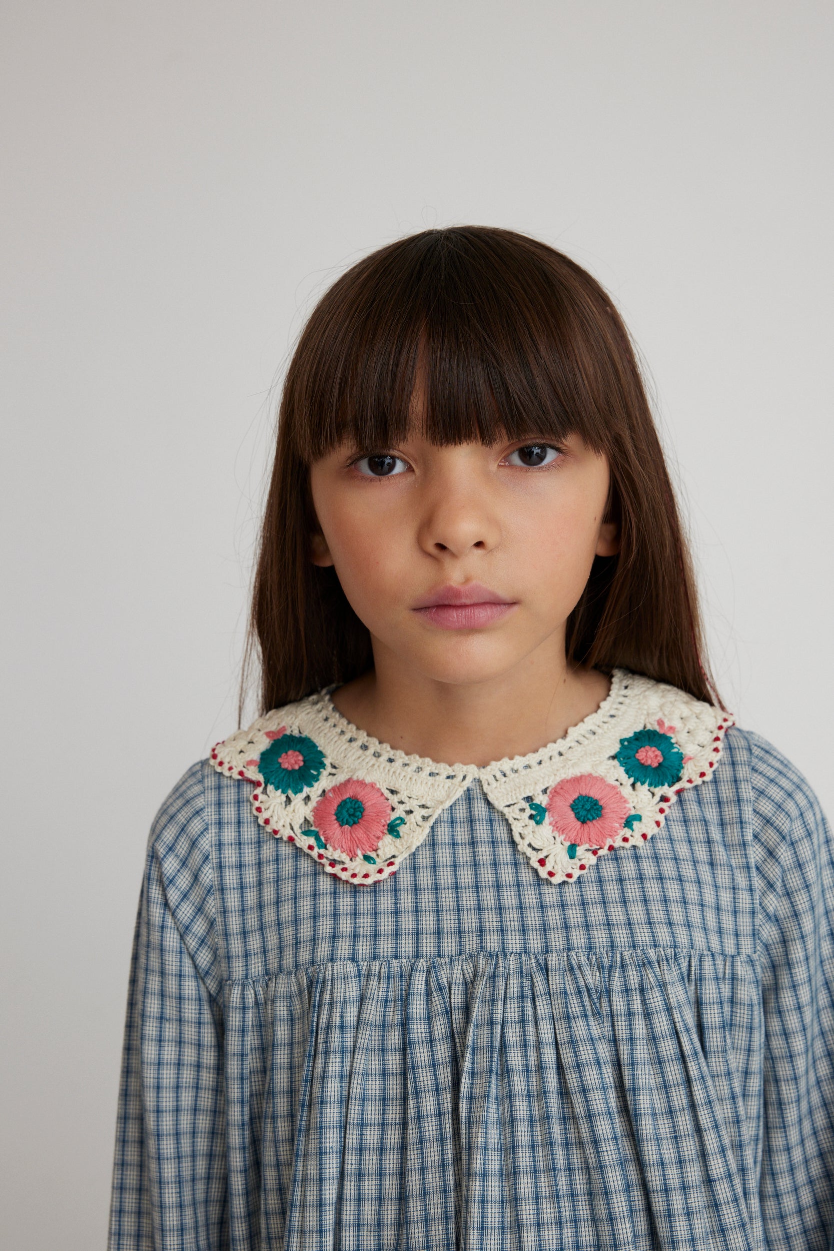BEBE ORGANIC RHEA EMBROIDERED FLOWERS CHECKED DRESS
