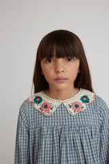 BEBE ORGANIC RHEA EMBROIDERED FLOWERS CHECKED DRESS